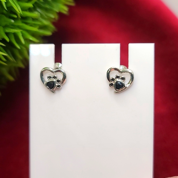 DOG CAT paw pet stud earrings silvertone black - Picture 2 of 5